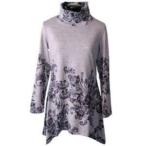 Indigo Soul Size S floral stretch knit A-line long sleeve cowl neck mini dress